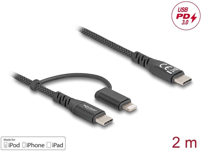 Image du produit Delock Câble USB 2 en 1 USB Type-C vers USB Type-C / Lightning (2 m, USB 2.0, USB 3.0, 60 W)