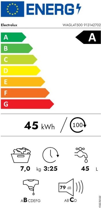 Label énergétique Electrolux WAGL4T500 (7 kg, Arrière)