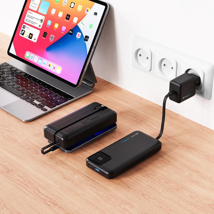 Produktbild Xlayer Powerbank 20.000 mAh mit zwei integrierten Kabeln PD 20W Black (20000 mAh, 20 W, 74 Wh)