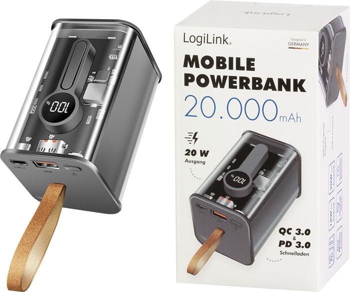 Produktbild LogiLink PowerBank 20.000mAh transparent (20000 mAh, 20 W, 74 Wh)