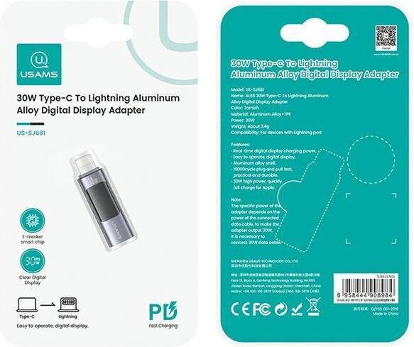 Produktbild Usams Adapter AU18 USB-C - Lightning Digital Display 30W stalowy/aluminium SJ681LN01 (US-SJ681) (USB 3.2 Gen 1, 30 W)