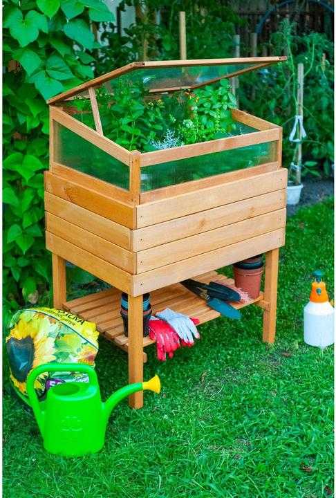 Image du produit Dobar Hochbeet Kubus 2.0 mit Ablage und Pflanzfolie, Hellbraun