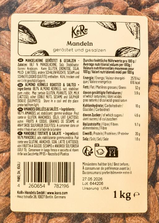 Nutritional values and ingredients KoRo Roasted and salted almond kernels (1000 g)