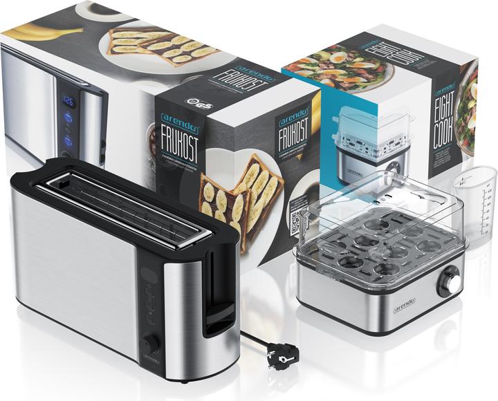 Actual product image Arendo Breakfast set, 2-slice long slot toaster with bread roll top & egg boiler for 8 eggs, silver