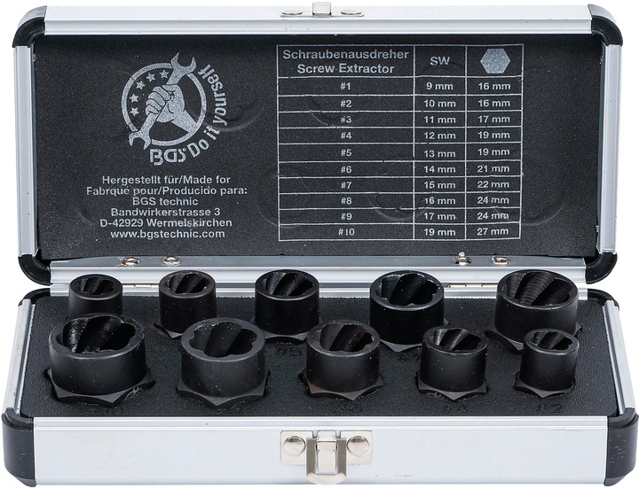 Actual product image BGS Twist Socket Set (Spiral Profile) / Screw Extractor 10 mm (3/8") Drive twist type 9-19 mm 10 pcs.