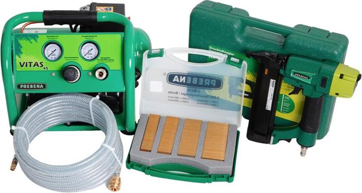 Produktbild Prebena Komplettpaket 2XR-J50 Druckluftnagler + Druckluftschlauch 10m + Kompressor VITAS 45 + J-BOX