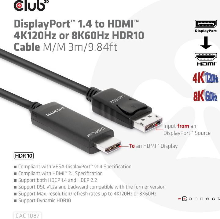 Actual product image Club 3D HDMI (Typ A) — DisplayPort (3 m, DisplayPort, 2.1)