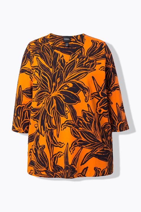 Actual product image Ulla Popken Leaf Print 3/4 Sleeve Split Neck Tee (60)