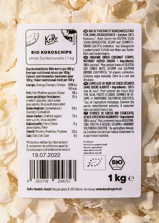 Nutritional values and ingredients KoRo Organic dried coconut strips, no added sugar (1000 g)