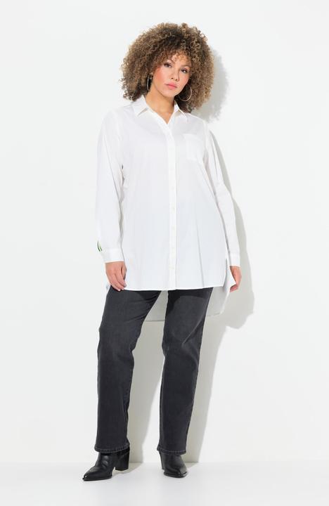 Produktbild Ulla Popken Longbluse, Zierbänder, Hemdkragen, V-Ausschnitt, Langarm (58)