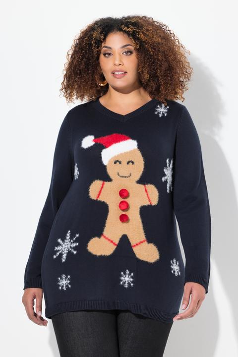 Immagine prodotto Ulla Popken Maglione natalizio con omino di pan di zenzero, scollo a V e maniche lunghe (46, 48)