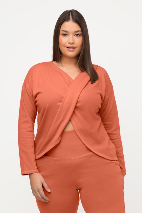 Immagine prodotto Ulla Popken Maglia da yoga in cotone biologico con scollo con drappeggio, scollo a V e maniche lunghe (46, 48)