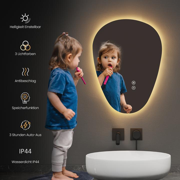 Actual product image Emke Bathroom mirror with lighting, LED, 60x45 cm, touch switch, dimmable, 3 light colours, IP44 (45 x 60 cm)