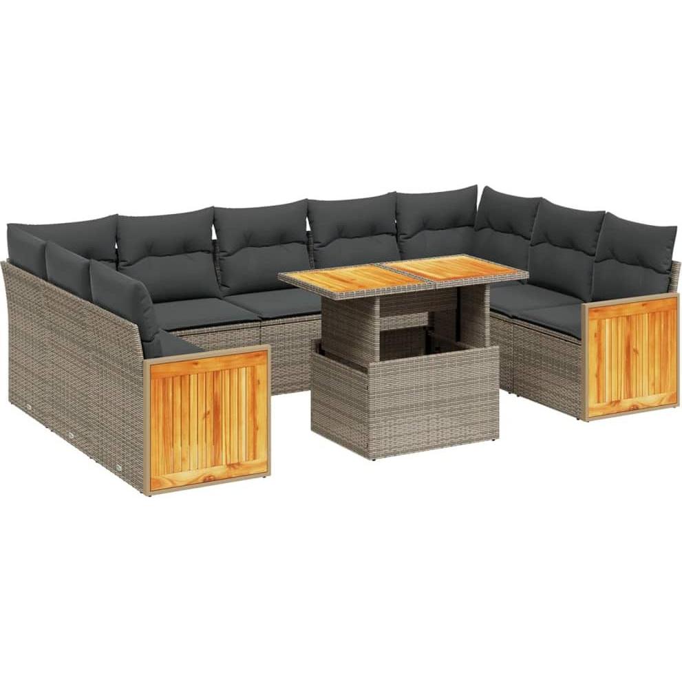 VidaXL, Gartenlounge, 10-tlg. Garten-Sofagarnitur mit Kissen Grau Poly Rattan Akazie