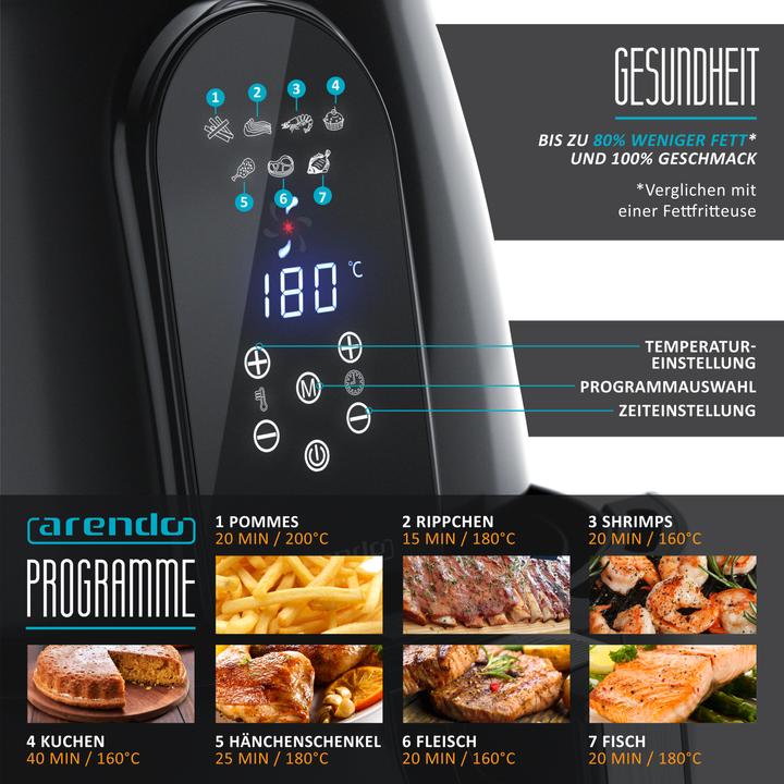 Immagine prodotto Arendo Heissluftfritteuse XXL Airfryer 5,2 L, bis 200 Grad, 3D Umluftsystem, Display, 1800 W, Fritteuse