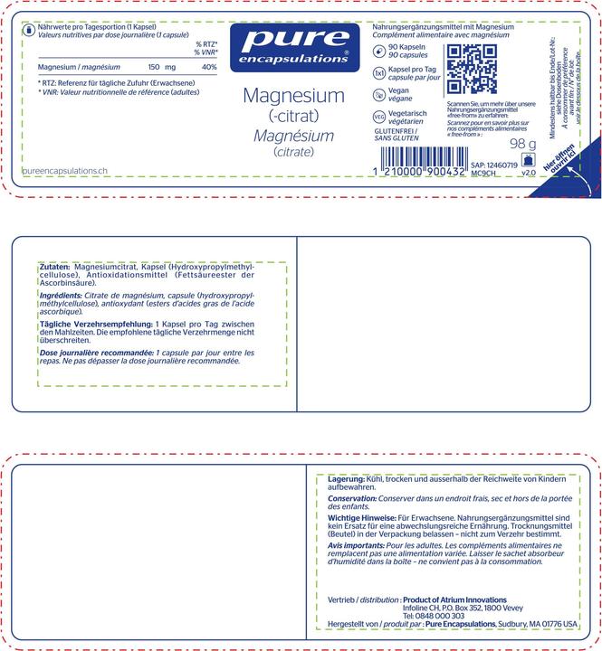 Nährwerte und Zutaten Pure encapsulations Magnesium (-citrat) (90 Stück, Kapseln, 109 g)