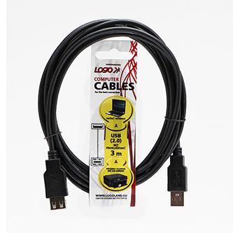 Actual product image Logo USB extension cable (2.0), USB A plug - USB A socket, 3m, black (3 m, USB 2.0)