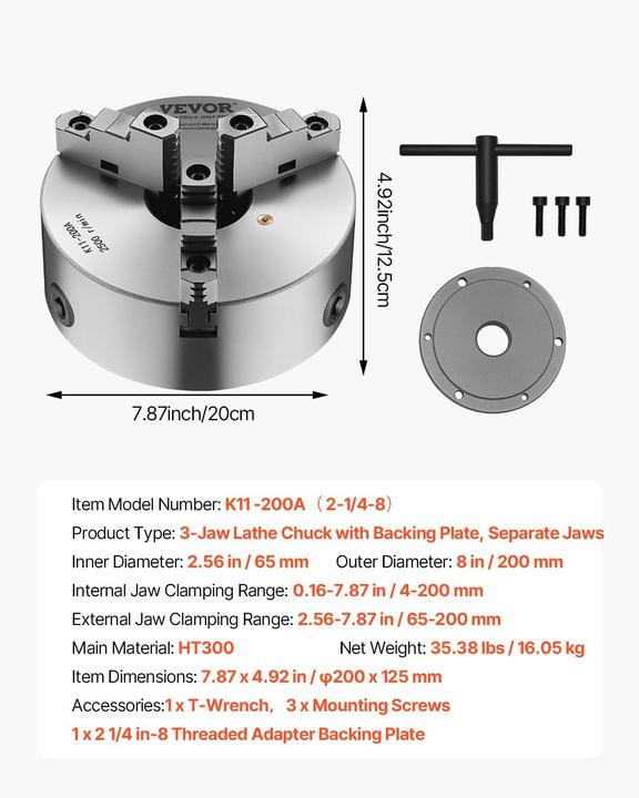 Actual product image Vevor 3-Jaw Self-Centering Lathe Chuck