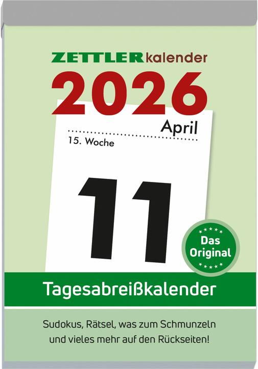 Actual product image Tagesabreisskalender XXL 2026 - 9,9x14,3 cm - 1 Tag auf 1 Seite - mit Sudokus, Rezepten, Rätseln (Hardcover, German)