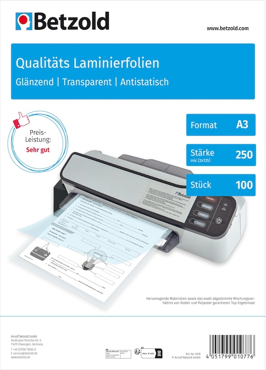 Betzold Karton mit 100 Laminierfolien, DIN A3, 250 mic (A3, 100 Stück, 250 µm)