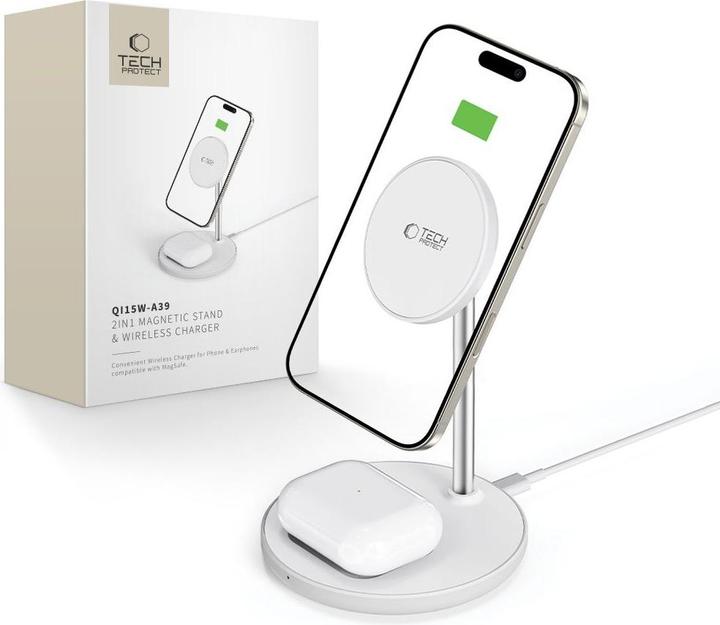 Actual product image Tech-Protect Dock station QI15W-A39 2IN1 MAGNETIC MAGSAFE WIRELESS CHARGER White (15 W)