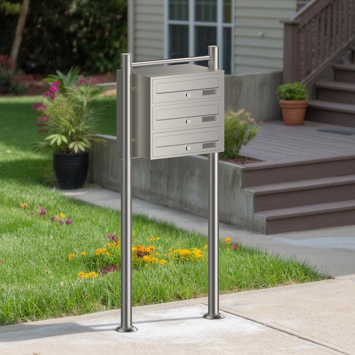 Actual product image Wiltec 3-post letterbox system stainless steel 512x270x1150mm Postal mailbox