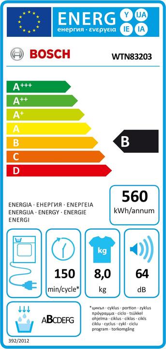 Energie-Label Bosch Hausgeräte WTN83203 (8 kg, Rechts)