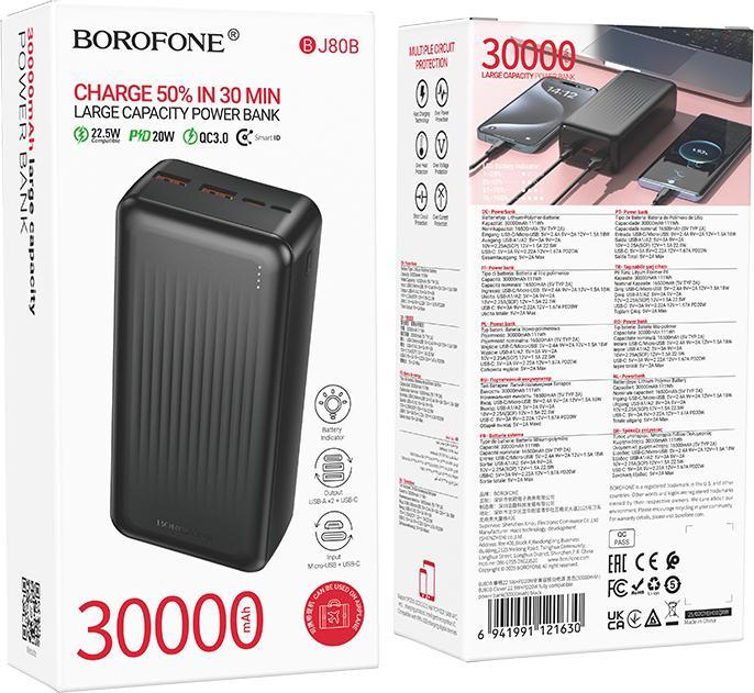 Immagine prodotto Borofone Powerbank 30000mAh BJ80B Clever - 2xUSB + Typ C - QC 3.0 22,5W PD 20W schwarz (30000 mAh, 22.50 W, 111 Wh)