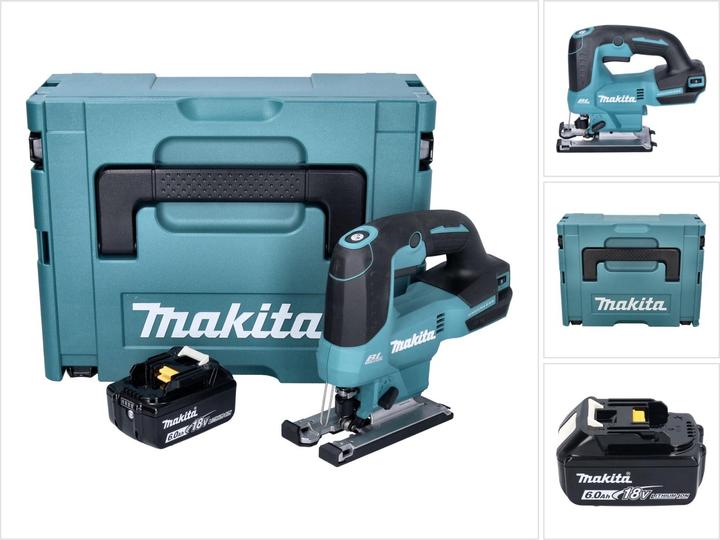 1x Makita DJV 184 cordless pendulum action jigsaw, 1x plastic glide shoe, 1x jigsaw blade B-50 wood, 1x Makita BL 1860 B 18 V 6.0 Ah battery, 1x Makita Makpac case, 1x universal insert, without charger