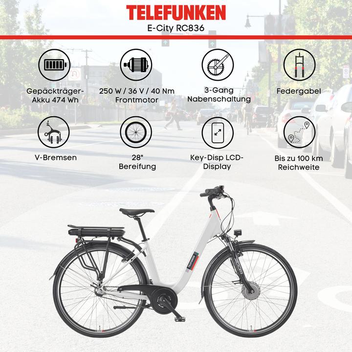 Produktbild Telefunken City E-Bike Damen RC836 28 Zoll Frontmotor 3-Gang Nabenschaltung