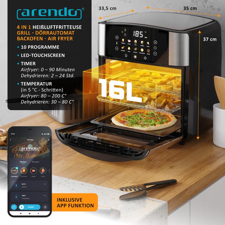 Immagine prodotto Arendo Heissluftfritteuse WiFi 16 L, Air Fryer/Grill/Dörren, 1800 W, inkl Zubehör, Multifunktionsofen, XXL