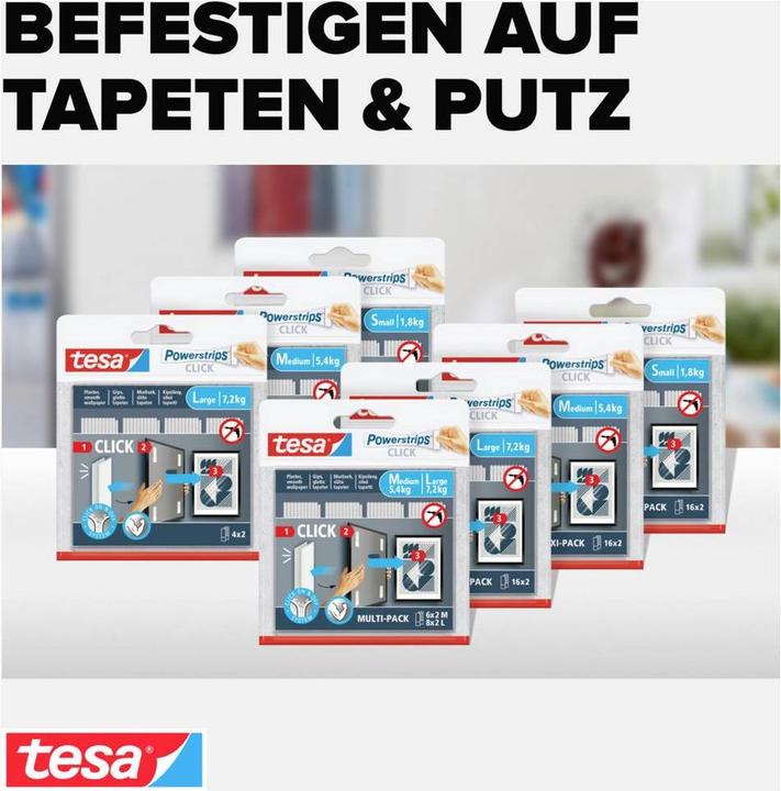 Actual product image tesa Powerstrips CLICK - Klett-Klebepads - Bilder aufhängen ohne Bohren - Slim - 16x 2 Stück (20 mm, 5 kg)