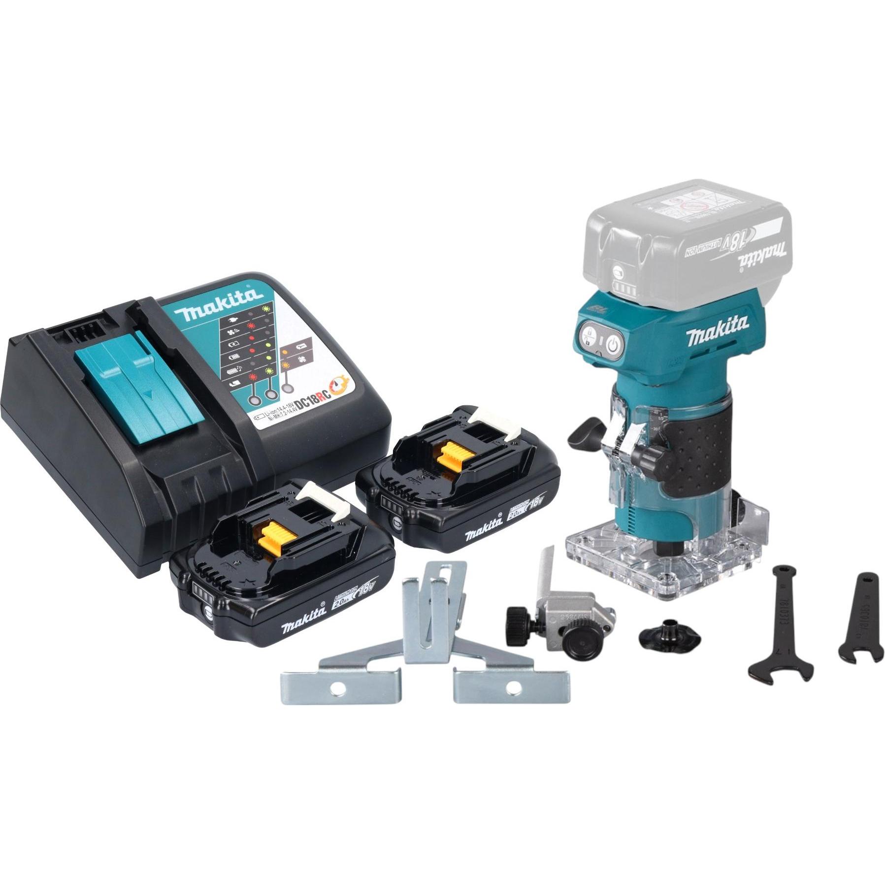 Makita, Fräse, DRT 52 RA Akku Kantenfräse 18 V 6 mm Brushless + 2x Akku 2,0 Ah + Ladegerät