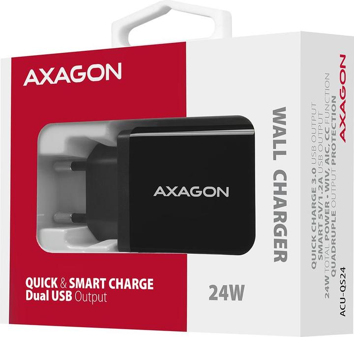 Produktbild Axagon ACU-QS24 Ladegeraet 2x USB-A QC3.0/Smart 5V 1.2A 24W (24 W)
