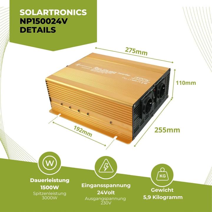 Actual product image Solartronics 24V 1500W Pure Sine Wave Inverter with USB 2.1A, Battery Compatible