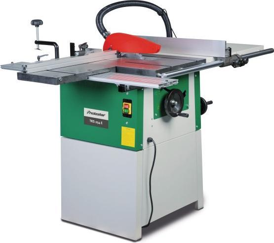 Base, sliding table, rip fence, saw blade 254 x 30 x 3.0 mm Z40, saw blade guard with suction hose, angle fence