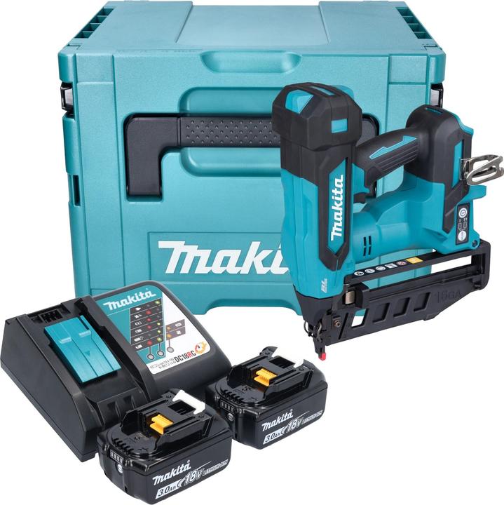 1x Makita DBN 601 cordless nailer, 1x adapter (422B86-0), 2x Makita BL 1830 B 18 V 3.0 Ah battery, 1x Makita DC 18 RC battery fast charger, 1x Makita Makpac case
