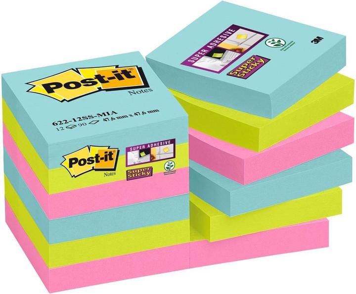 Image du produit Post-it Papillons adhésifs Super Sticky Miami extra-forts, couleurs assorties 12 blocs (47,6 x 47,6 mm)