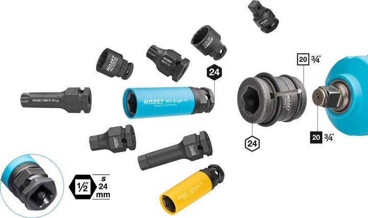 Actual product image HAZET Impact, machine screwdriver socket set (double hex.) 900SZ6/11 8-pc. (19 mm, 32 mm, 27 mm, 24 mm, 36 mm, 22 mm, 21 mm, 30 mm)