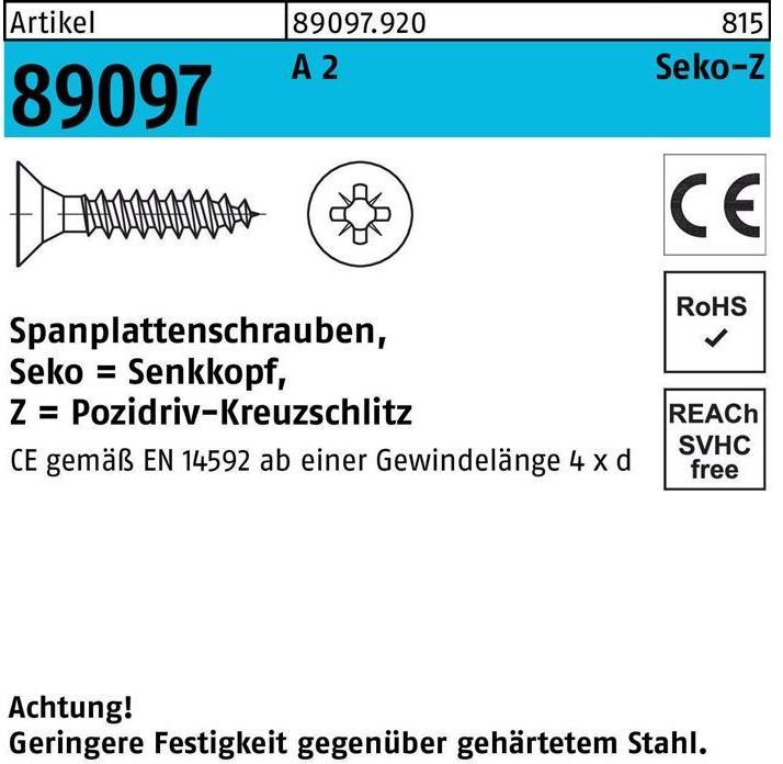 Produktbild Spanplattenschraube R 89097 SEKO Kreuzschlitz-PZ VG 3 x 20 -Z A 2 (200 Schrauben pro Stück)