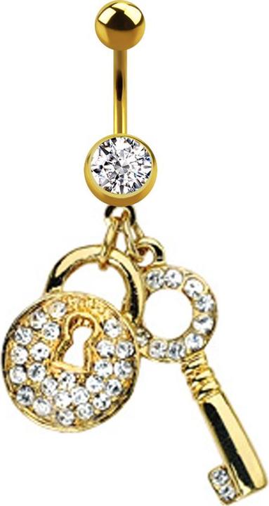Actual product image Star Piercing Banana 14k gold-plated with ball and ball crystal silver pendant lock and key (Brass, Surgical steel 316L)