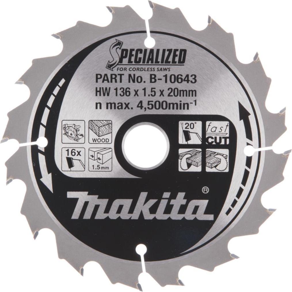 Thumbnail - Makita, Sägeblatt, B-10643 T.C.T. pjūklas 136X1.5X20mm 20° T16 SPECIALIZED akum. diskiniams pjūklams