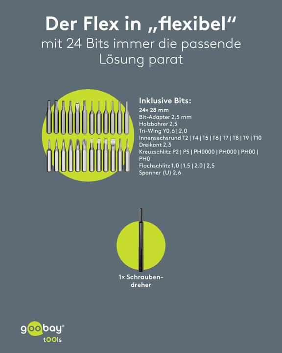 Produktbild Goobay Schraubendreher-Set mit 24-tlg. Präzisions-Bitsatz (Innensechsrund, Kreuzschlitz, Spanner, Tri-Wing)