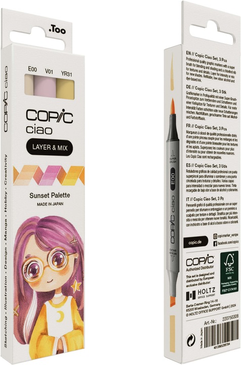 Actual product image Copic CIAO - Brand (V-01 Heath, E-00 Cotton Pearl, YR-31 Light Reddish Yellow, 6 mm, 3 x)