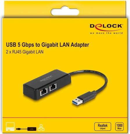 Productafbeelding Delock USB Type-A adapter naar 2 x Gigabit LAN (USB-C 3.2 Gen 1, RJ45/LAN (2x))