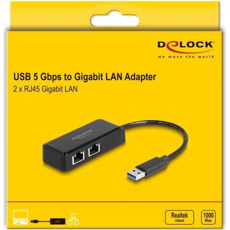 Thumbnail - Delock USB Typ-A Adapter zu 2 x Gigabit LAN (USB, RJ45 (2x)), Netzwerkadapter, Schwarz