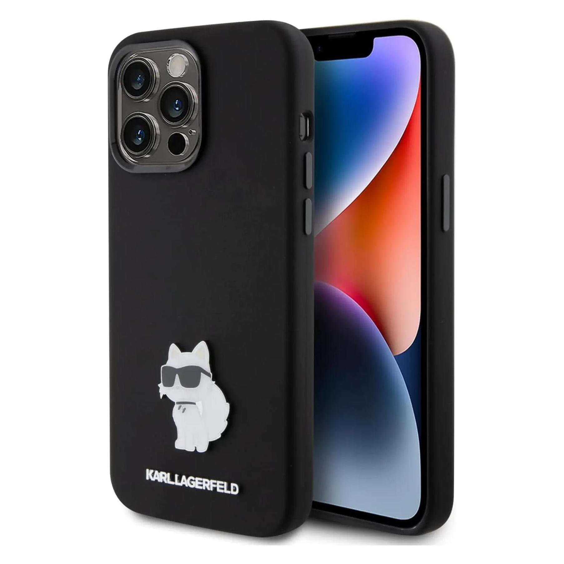Karl Lagerfeld KLHCP15XSMHCNPK IPhone 15 Pro Max 6.7" Czarny/black Silicone Choupette Metal Pin (Apple IPhone 15 Pro Max), Smartphone Hülle, Schwarz