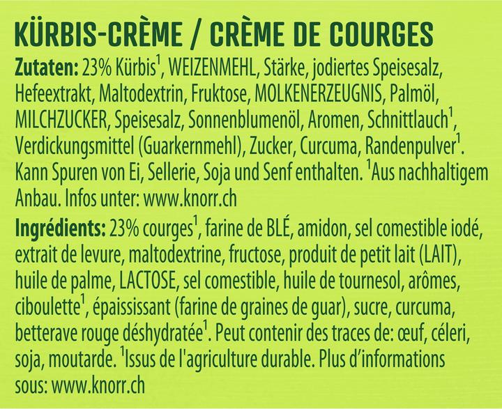 Valeurs nutritives et ingrédients Knorr Potage à la crème de potiron en sachet, extra-crémeux avec morceaux de potiron, facile à préparer (1000 ml)