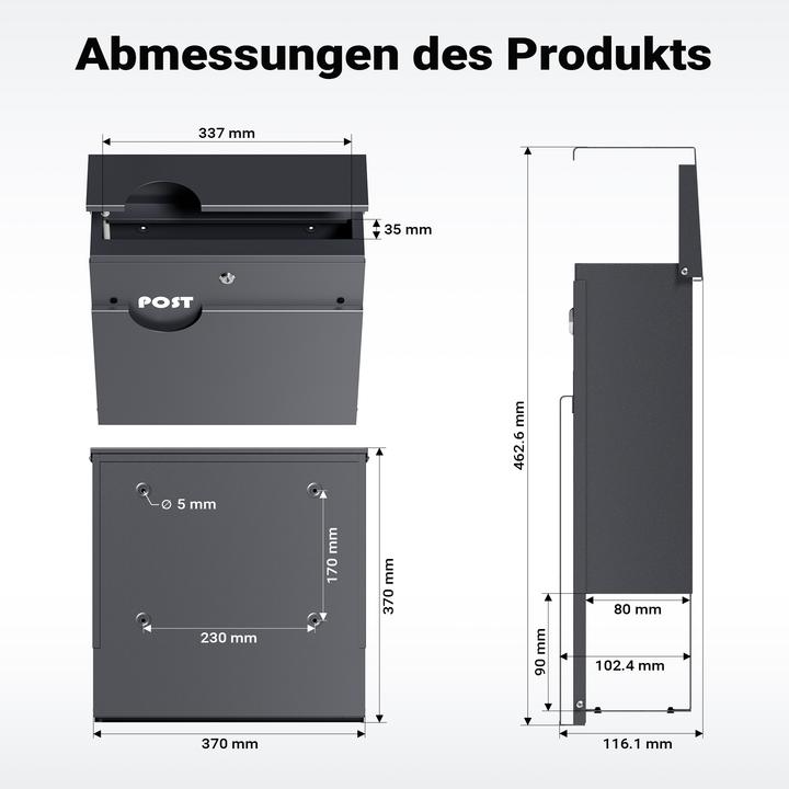 Produktbild Wiltec Briefkasten Anthrazit V62 Postkasten Stahl Zeitungsfach Wandbriefkasten