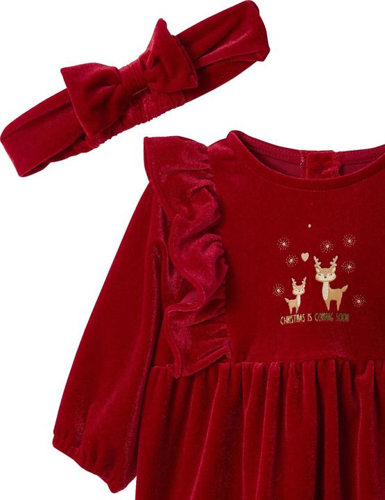 Vertbaudet Baby-Set: Samt-Kleid, Haarband und Strumpfhose für Weihnachten, Mädchen